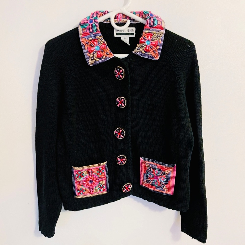 Beaded Embellished Cardigan Sweater Rainbow Michael Seroy 90’s 80’s Art Teacher